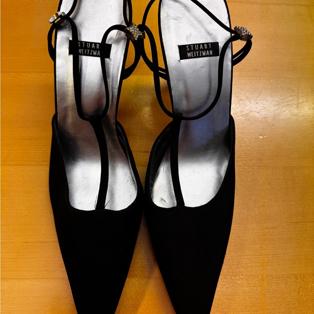 Stuart Weitzman Black Pointed-Toe Ankle-Strap Heels with Embellished Buckles 7.5